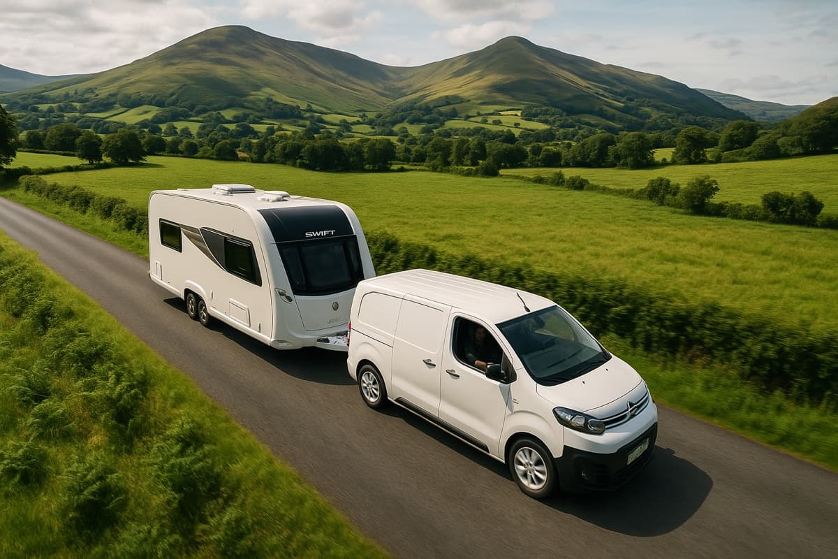 Caravan being towed through countryside with mountains in the background